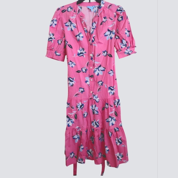 Draper James Dresses & Skirts - Draper James Tiered Floral Pink Cotton Spandex Button Up Dress Size XS